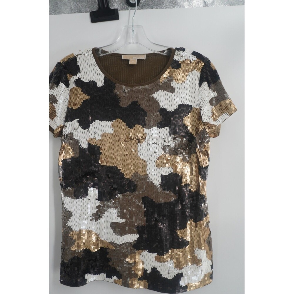 MICHAEL Michael Kors Camou Sequin Tee Gold BLK White Sparkle Glitzy Chic Top SzM